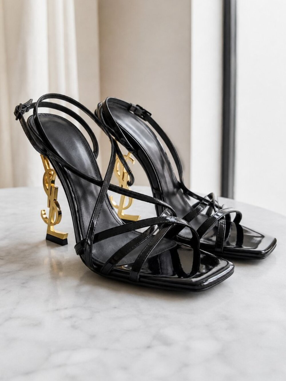 Women's Black Patent Strappy Sandals Gold Sculptural Heel EU 37